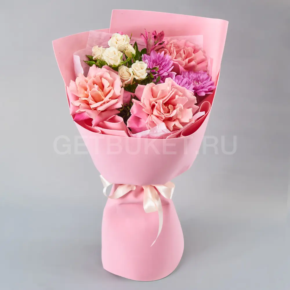 219380 Букет роз с хризантемами и альстромерией 