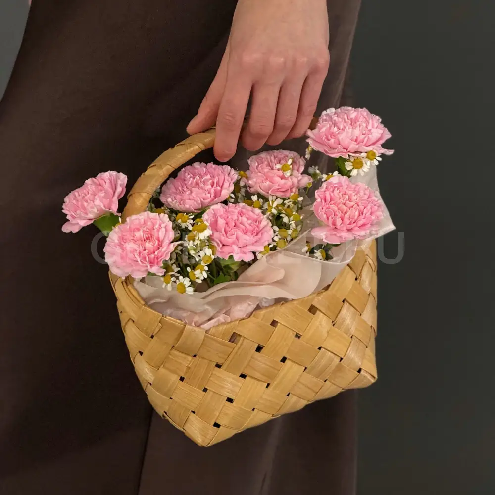 222770 Цветочная корзина из розовой гвоздики и танацетума
